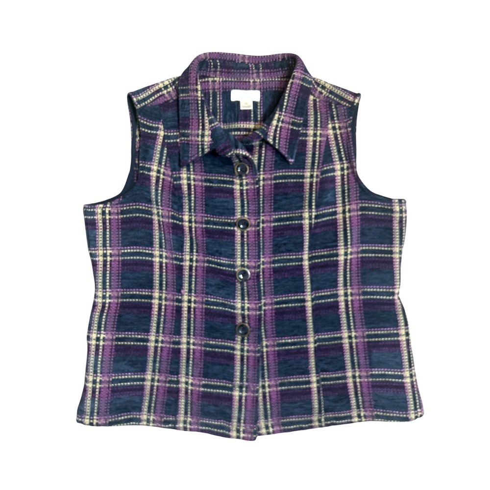 Christopher & Banks Womens XL Purple Navy Plaid Button Front Vest 07242-7347